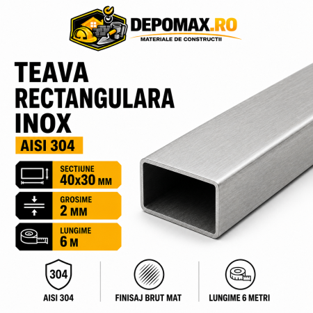 Teava rectangulara inox AISI 304, 40 x 30 x 2 mm, 6 metri